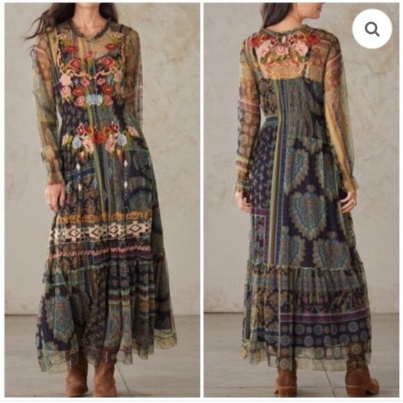 Johnny Was Biya Elexa Mesh Maxi Printed Embroidered Boho Dress, Size L, EUC - Picture 9 of 9
